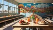 © DARIKA - A school cafeteria with a wall-sized paper art mural, created by students, depicting healthy foods and happy kids enjoying their meals in a colorful scene. Illustration, Minimalism,