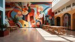 © DARIKA - A school cafeteria with a wall-sized paper art mural, created by students, depicting healthy foods and happy kids enjoying their meals in a colorful scene. Illustration, Minimalism,