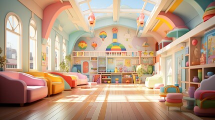 The interior of a vibrant daycare center with playful paper art decorations, including paper animals, paper rainbows, and interactive paper art stations for kids. Illustration, Minimalism,