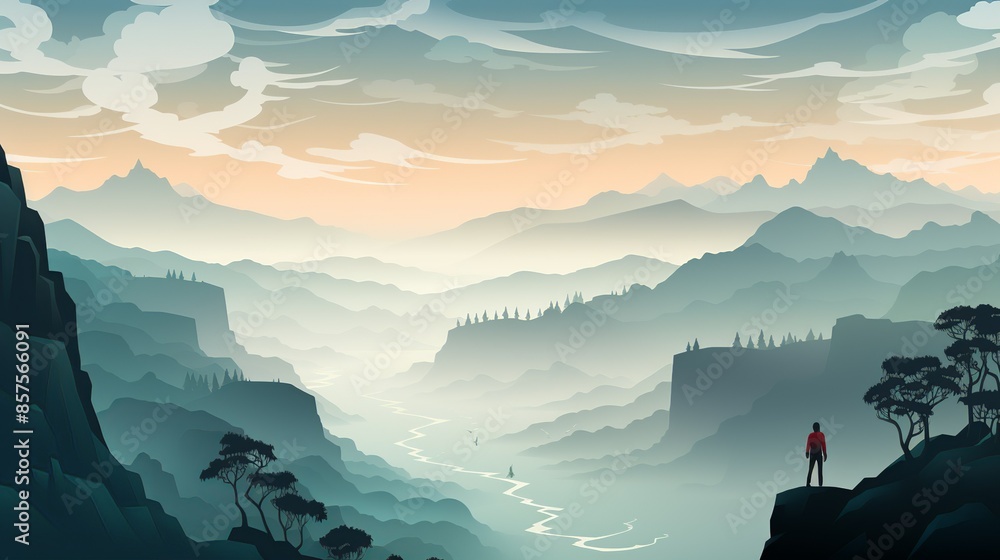 A person standing at the edge of a cliff, looking down into a foggy ...