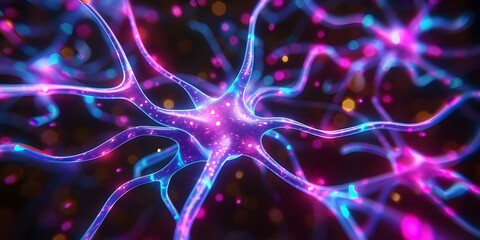 Wall Mural - 3D Rendering of Neuron Cells with Glowing Human Brain Nerve Cell. Concept Biology, Neuroscience, Medical Illustration, Science, Technology