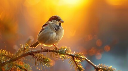 Poster - Sparrow Perched on a Branch at Sunset