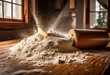 © Yaraslava - messy spilled flour bag rolling pin kitchen floor, baking, ingredients, scattered, white, powder, accident, cooking, wooden, everywhere, disaster, spillage