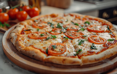 Delicious Margherita Pizza with Fresh Tomatoes and Basil on a Rustic Wooden Board in a Cozy Italian Kitchen Setting