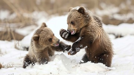 Poster - Two Brown Bear Cubs Playing in the Snow