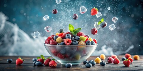 Wall Mural - Frozen fresh fruits in a bowl with falling ice cubes, frozen, fresh, fruits, bowl, ice cubes, colorful, vibrant, healthy