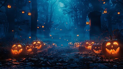 Wall Mural - Pumpkin carvings illuminate a mysterious forest path at night, creating a spooky yet enchanting atmosphere amidst the tall trees and eerie shadows.