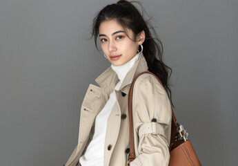 Wall Mural - a beautiful woman wearing a beige turtleneck and white jeans. She is holding her bag in one hand