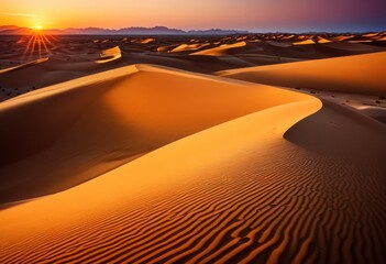 Wall Mural - vibrant sunset casting warm glow over endless desert sand dunes, orange, sky, horizon, arid, landscape, scenic, nature, beauty, colorful, evening, remote