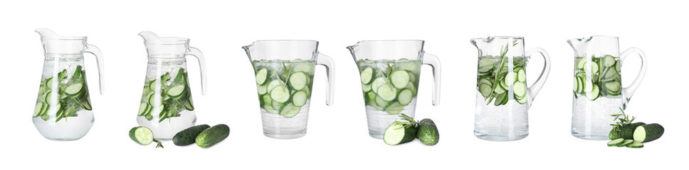 Poster - Glass jugs with refreshing cucumber drink isolated on white, set