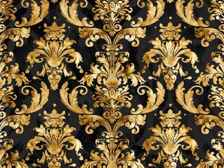 Ornate damask pattern with antique gold floral motifs on a black background