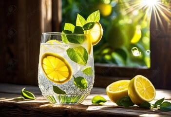 refreshing sparkling lemonade lemon slice clear glass, drink, beverage, citrus, yellow, cold, summer, fruit, isolated, transparent, juicy, sour, vitamin