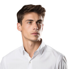 Wall Mural - Portrait of European model man wearing white shirt, short hair, take from side view, isolated on transparent background