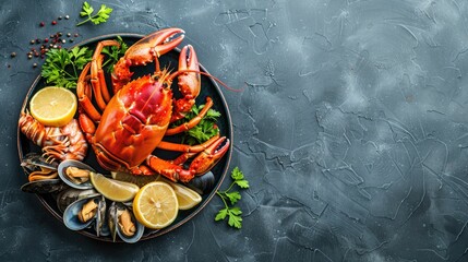Wall Mural - A dish of seafood featuring lobsters, shrimp, clams, and lemon slices presented on a table with exquisite tableware and garnished with leafy vegetables AIG50