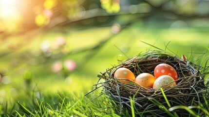 Nest with easter eggs in grass on a sunny spring day