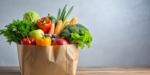 Wall Mural - Paper bag filled with fresh groceries and vegetables , groceries, vegetables, fruits, shopping, paper bag, organic