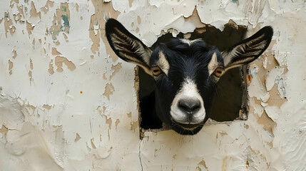 Wall Mural - A goat peeking through a ripped hole