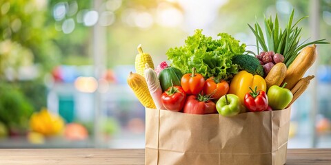 Wall Mural - Paper bag filled with fresh groceries, healthy food, fruits and vegetables at the supermarket, groceries, healthy