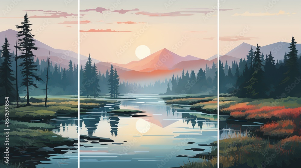 A serene forest lake at dawn, with mist rising from the surface of the ...