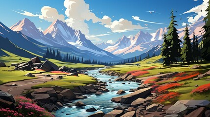 A rugged mountain landscape with a fast-flowing river cascading over rocks, surrounded by dense pine forests and dramatic peaks. Illustration, Minimalism,