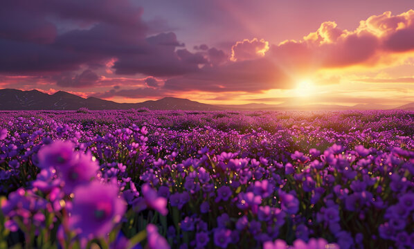a large field of purple flowers at sunset