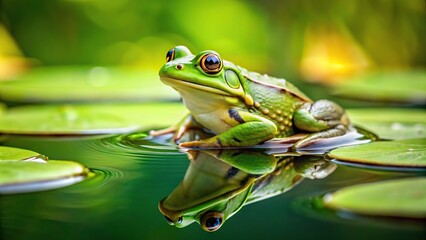 Playful green frog sitting on a lily pad in a pond , frog, amphibian, green, playful, pond, lily pad, wildlife, nature, cute, water, hop