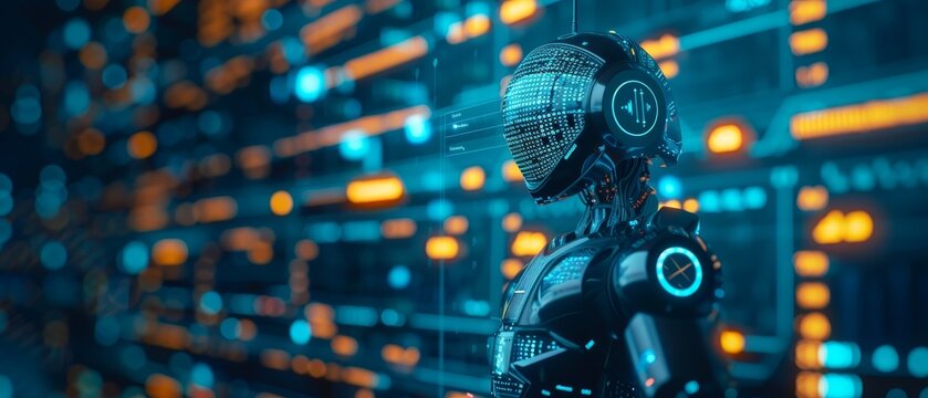 Futuristic robot with advanced AI technology standing in a digital data center, symbolizing innovation and artificial intelligence.