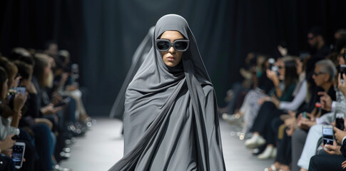 Wall Mural - a model in grey long dress and hooded cape walks down the runway at fashion week wearing sunglasses, she is walking past other models who wear plain white t-shirts and trousers