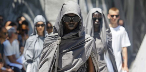Wall Mural - a model in grey long dress and hooded cape walks down the runway at fashion week wearing sunglasses, she is walking past other models who wear plain white t-shirts and trousers