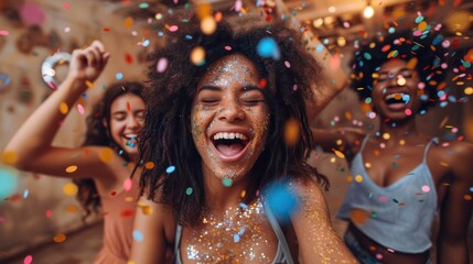 Wall Mural - Joyful Friends Celebrating at Home with Confetti Dancing and Smiling