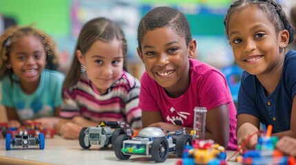 Children learn robotics mechatronics in school class