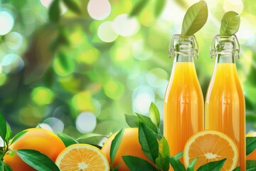 Wall Mural - refreshing orange juice in glass bottles with green leaves natural background ai generated