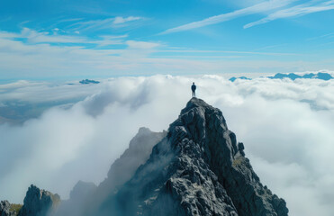 Wall Mural - A person standing on the peak of an alpine mountain, overlooking vast clouds below.