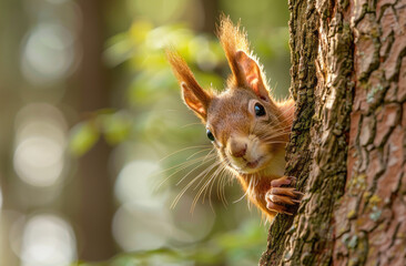 Wall Mural - A cute red squirrel peeking from behind the tree trunk in a forest with a green background