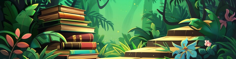 Wall Mural - A stack of books in the jungle. 