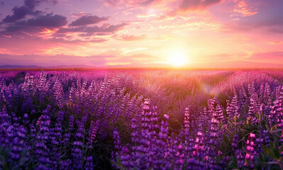 Wall Mural - a large field of purple flowers at sunset