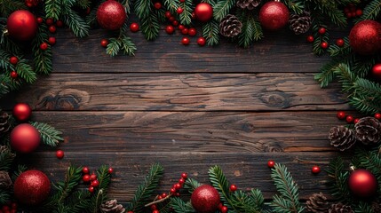 Wall Mural - Festive Christmas Border with Fir Branches and Baubles on Weathered Wood Background