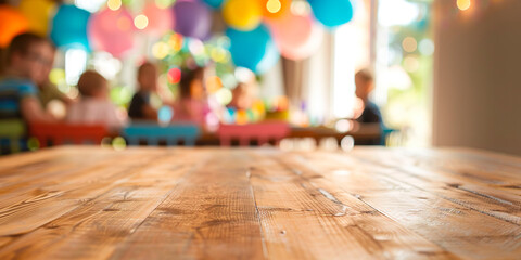 Empty wooden table to place product or brand, blurred children's party background