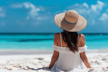 back full body woman and beach hat sitting on the beach and blue sky