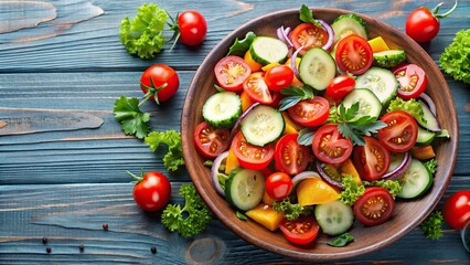 Wall Mural - Fresh and colorful salad with ripe tomatoes and crisp cucumbers, healthy, vegetables, salad, organic, diet, nutrition