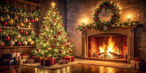 Wall Mural - Cozy Christmas scene with decorated tree next to glowing fireplace, Christmas, tree, fireplace, cozy, holiday, decorations, lights