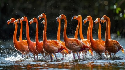 Wall Mural - A Flock of Flamingos Gracefully Walking Through Water