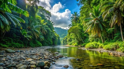 Wall Mural - Riverbed surrounded by lush greenery in the Corcovado jungle, river, stream, water, nature, jungle, foliage, trees