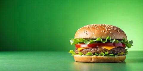 Burger on a blurred green background, burger, fast food, tasty, delicious, sandwich, beef, lettuce, tomato, cheese, sesame bun