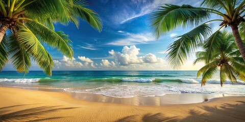 Canvas Print - Sandy beach with palm trees and ocean waves in the background , tropical, paradise, summer, relaxation, vacation, coast