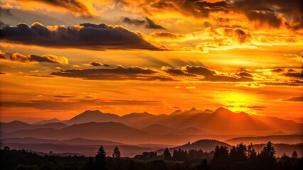 Wall Mural - Sunset casting warm hues over the silhouette of distant mountains, mountains, sunset, sky, clouds, dusk, dramatic, vibrant