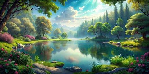 Wall Mural - Calm lake surrounded by lush fantasy landscape, fantasy, lake, tranquil, serene, nature, magical, reflection, peaceful, water