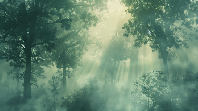forest scene with mist and light filtering through trees,