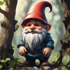 Canvas Print - Un encantador duende con un sombrero rojo, que sonríe entre dos árboles del bosque