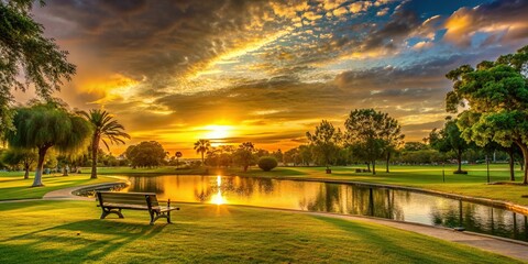 Wall Mural - Sunset casting a golden hue over a tranquil park setting, sunset, park, golden, serene, peaceful, nature, trees, silhouette